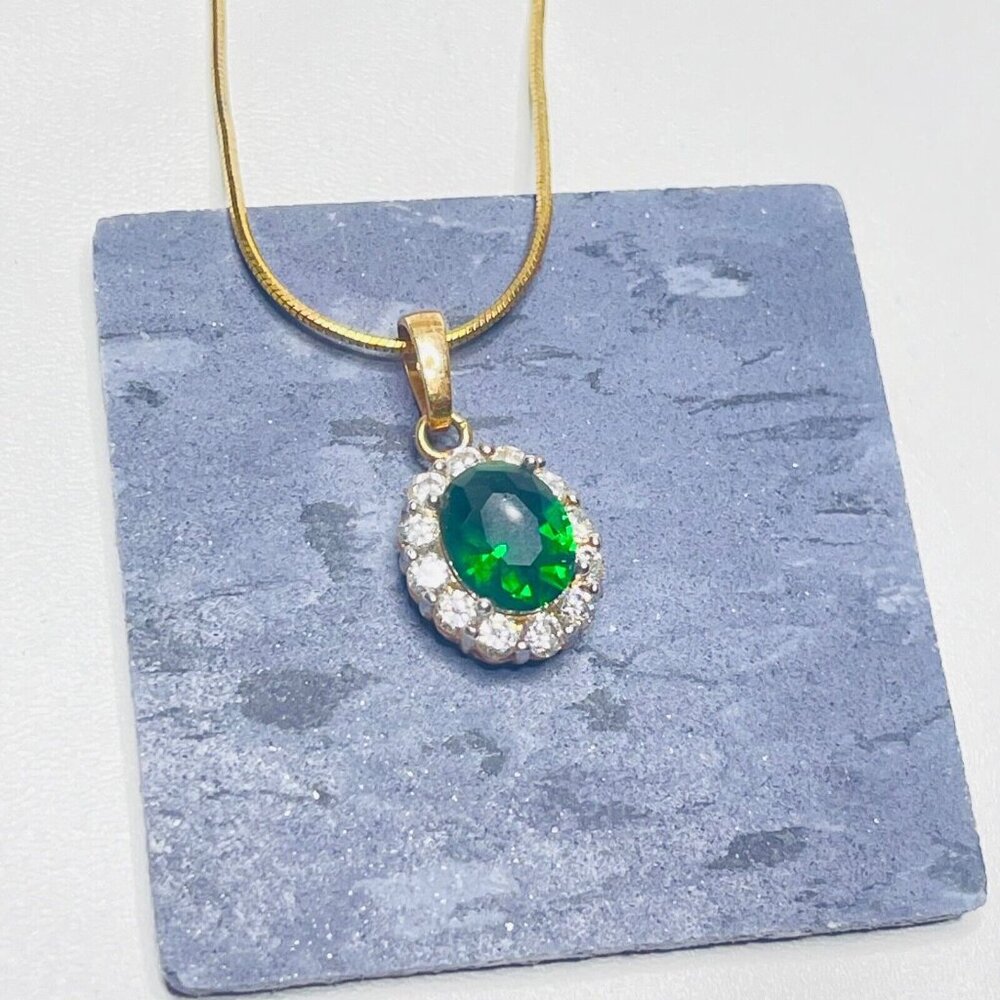Green Pendant Necklace Halo Cluster
